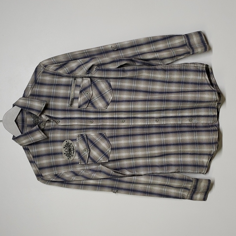 Point Zero Plaid Roll Tab Sleeve Button Down Shirt Women's Size Large